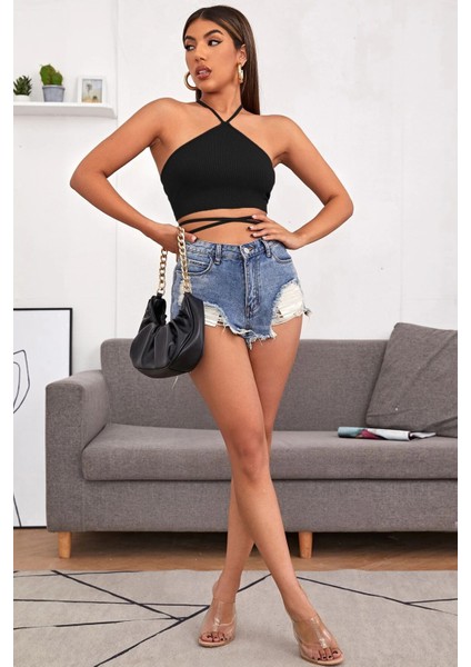 Kadın Siyah Sırtı Açık Boyundan Çapraz Bağlamalı Crop Top Bluz