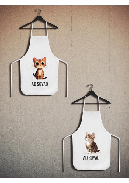 Sevimli Kedi Baskılı Isme Özel 2'li Keten Mutfak Önlüğü