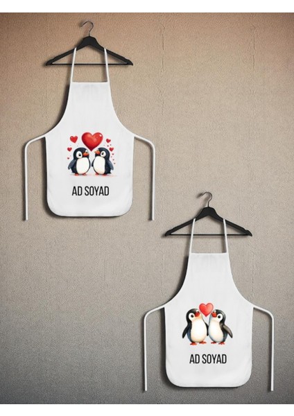 Kalpli Penguen Baskılı Isme Özel 2'li Keten Mutfak Önlüğü