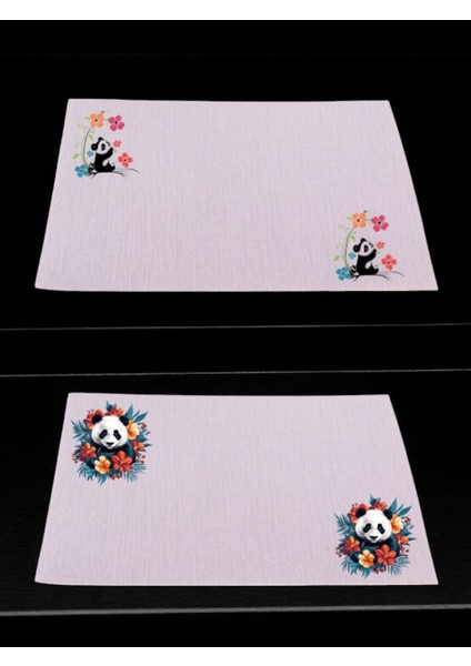 Çiçekli Panda Baskılı Mutfak Masası 2'li Keten Servis Bezi 28X40 cm Amerikan Servis