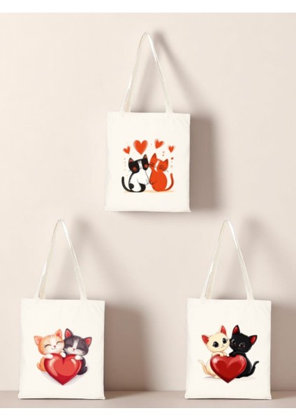 Kalp ve Kedi Baskılı Bez Çanta 3'lü Omuz Çantası - Kadın Için Doğum Günü Hediyesi