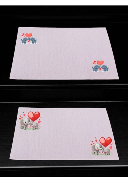 Kalp ve Fil Baskılı Mutfak Masası 2'li Keten Servis Bezi 28X40 cm Amerikan Servis