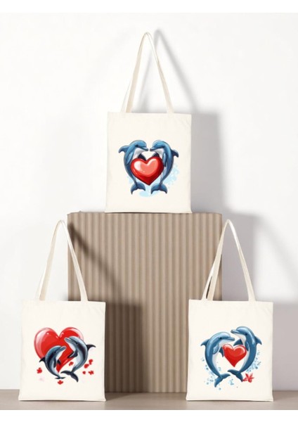 Kalp ve Yunus Baskılı Bez Çanta 3'lü Omuz Çantası - Hediye Kadın Sevgiliye Hediye