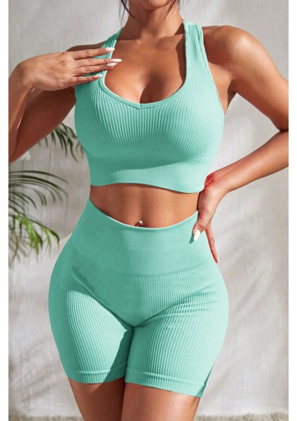 Kadın Açık Mavi Yüksek Bel Çapraz Sırt Detaylı Şortlu Gecelik Takım