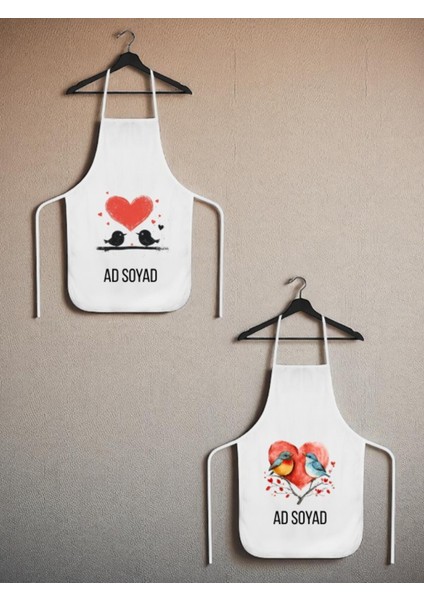 Kalpli Kuş Baskılı Isme Özel 2'li Keten Mutfak Önlüğü