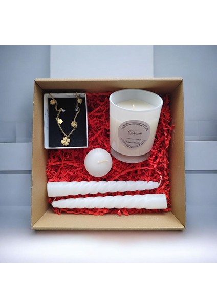 Hediye Seti-Kokulu Beyaz Bardak Mum-Yonca Kolye+Burgulu Mum-Yüzen Mum indirimleri