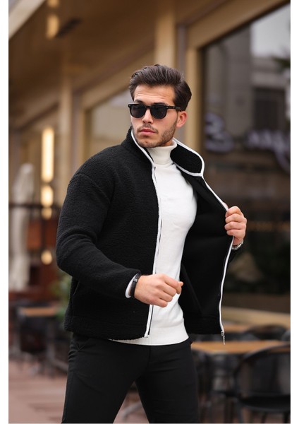 Yan Cepli Tam Fermuarlı Peluş Sweatshirt