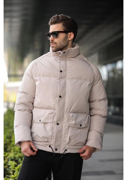 Bej Fermuarlı Çıt Kapamalı Şişme Erkek Mont E7436