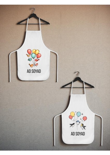 Balon ve Kuş Baskılı Isme Özel 2'li Keten Mutfak Önlüğü