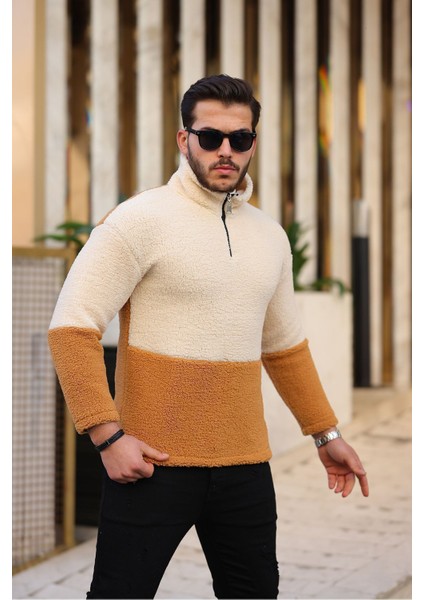Yarım Fermuarlı Çift Renk Peluş Sweatshirt