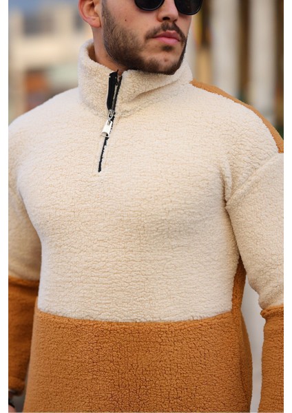 Yarım Fermuarlı Çift Renk Peluş Sweatshirt fiyatları