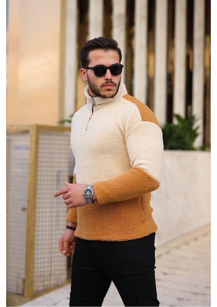 Yarım Fermuarlı Çift Renk Peluş Sweatshirt modelleri