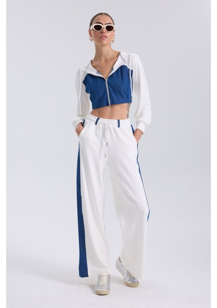 Denim Detaylı Kapşonlu Crop Eşofman Takım - Mavi-Beyaz Mavi-Beyaz - S