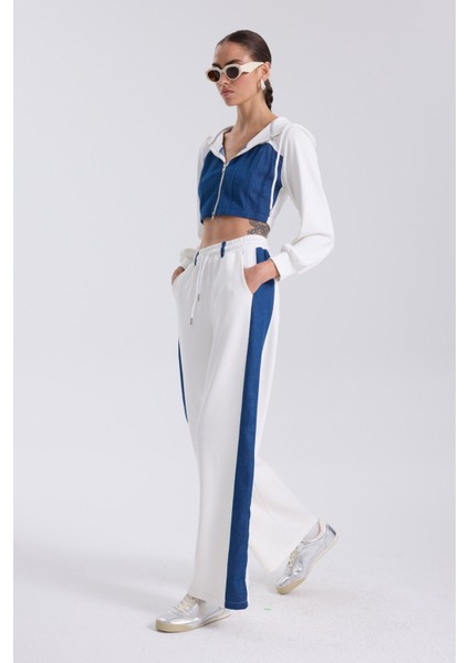 Denim Detaylı Kapşonlu Crop Eşofman Takım - Mavi-Beyaz Mavi-Beyaz - S fiyatları