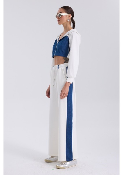 Denim Detaylı Kapşonlu Crop Eşofman Takım - Mavi-Beyaz Mavi-Beyaz - S