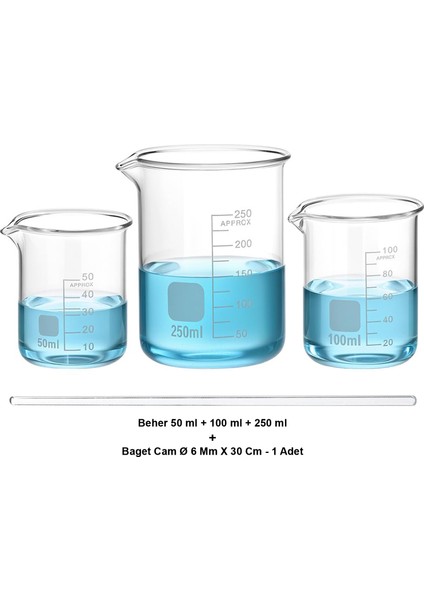 Beher Cam Set 50-100-250 ml / Kısa Form + Baget Cam Ø 6 mm x 30 cm Hediye