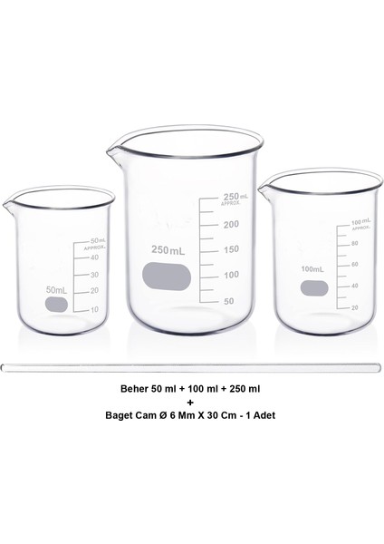 Beher Cam Set 50-100-250 ml / Kısa Form + Baget Cam Ø 6 mm x 30 cm Hediye fiyatları