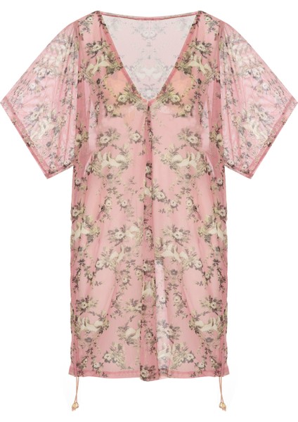 Yanı Sürgülü Desenli Tül V Yaka Tunik