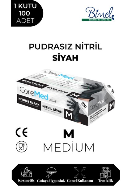 Coremed Nitril Siyah Pudrasız Muayene Eldiveni M - 1 Paket 100 Lü