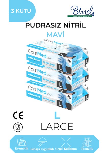 Coremed Nitril Mavi Pudrasız Muayene Eldiveni L - 3 Paket 100 Lü