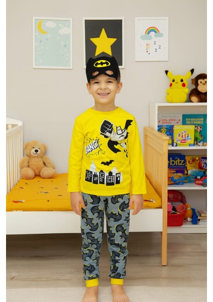 Çocuklar Için Göz Maskeli Karakter Baskılı %100 Pamuk 3 Lü Pijama Takımları