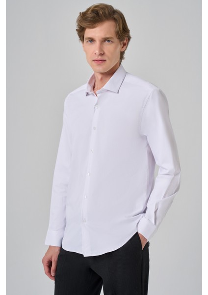 Erkek Beyaz Basic Düz Desen Italyan Yaka Slim Fit Gömlek
