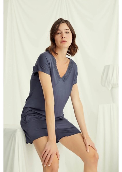 Monamise Kısa Kollu Dantelli V Yaka Şort Takımı modelleri