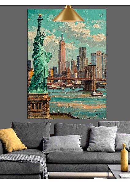 New York Özgürlük Heykeli ve Şehir Silueti Dekoratif Kanvas - Mdf Ahşap Tablo