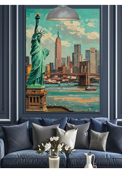 New York Özgürlük Heykeli ve Şehir Silueti Dekoratif Kanvas - Mdf Ahşap Tablo fiyatları