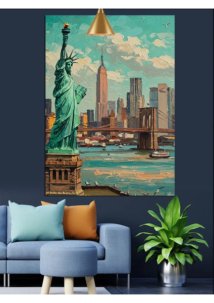 New York Özgürlük Heykeli ve Şehir Silueti Dekoratif Kanvas - Mdf Ahşap Tablo fırsatları