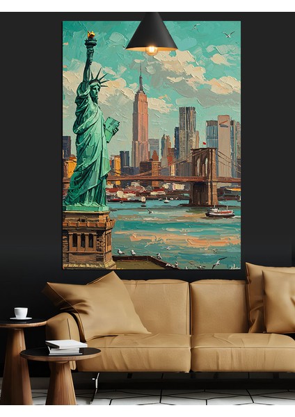 New York Özgürlük Heykeli ve Şehir Silueti Dekoratif Kanvas - Mdf Ahşap Tablo indirimleri