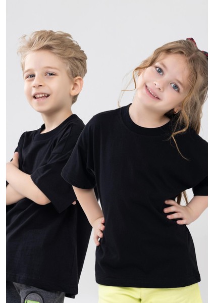 Unisex Çocuk Bisiklet Yaka Kısa Kol %100 Pamuk Oversize Tişört Siyah