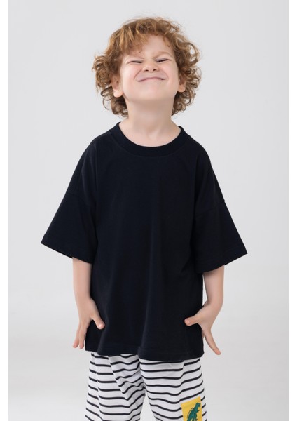 Unisex Çocuk Bisiklet Yaka Kısa Kol %100 Pamuk Oversize Tişört Siyah fiyatları