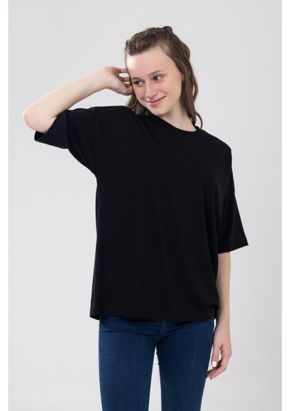 Unisex Çocuk Bisiklet Yaka Kısa Kol %100 Pamuk Oversize Tişört Siyah modelleri