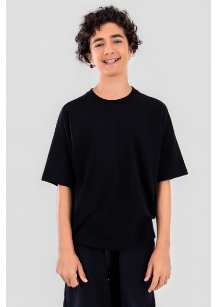 Unisex Çocuk Bisiklet Yaka Kısa Kol %100 Pamuk Oversize Tişört Siyah fırsatları