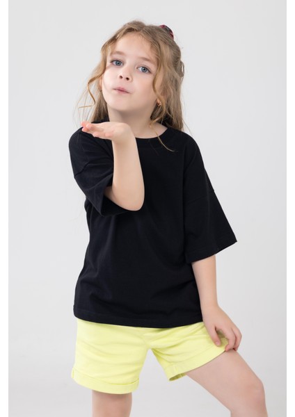 Unisex Çocuk Bisiklet Yaka Kısa Kol %100 Pamuk Oversize Tişört Siyah indirimleri