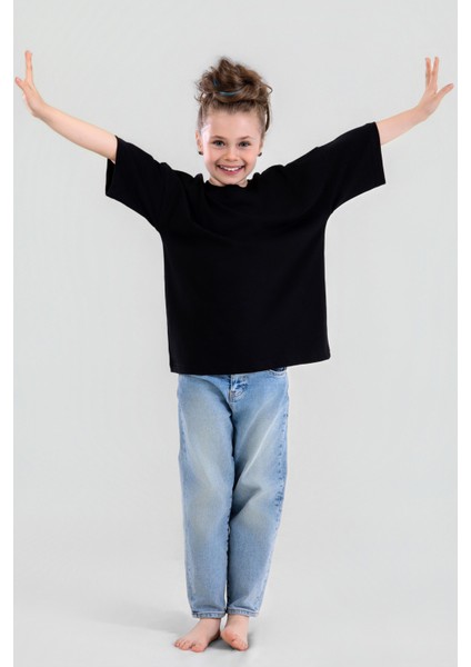 Unisex Çocuk Bisiklet Yaka Kısa Kol %100 Pamuk Oversize Tişört Siyah