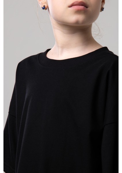 Unisex Çocuk Bisiklet Yaka Kısa Kol %100 Pamuk Oversize Tişört Siyah