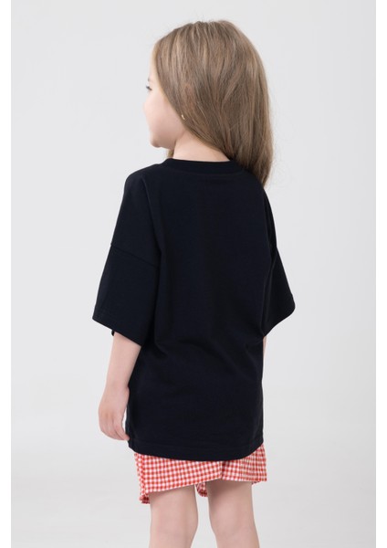 Unisex Çocuk Bisiklet Yaka Kısa Kol %100 Pamuk Oversize Tişört Siyah