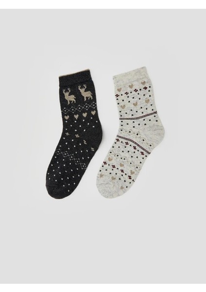 Desenli Yünlü Kadın Soket Çorap 2'li (W5)