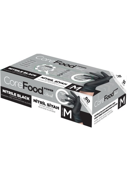 Corefood Nitril Siyah Power Pudrasız Muayene Eldiveni M - 1 Paket 50 Li fiyatları