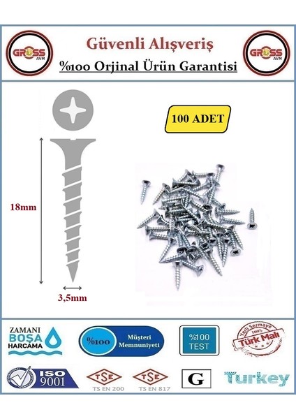 Sunta Vidası - Sivri Uçlu Ahşap Sunta Vidası - 3.5X18MM - 100 Adet