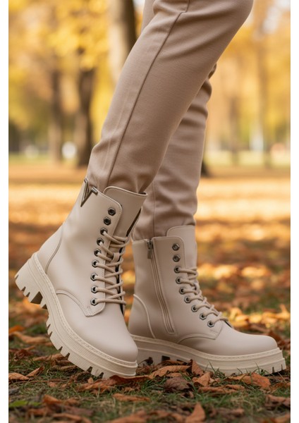 Bej Cilt Bağcıklı Fermuarlı Kaymaz Kadın Bot 514531 Z modelleri