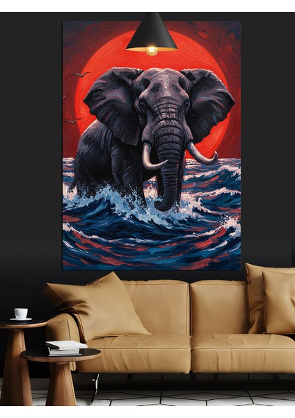 Denizdeki Fil ve Kırmızı Dolunay Dekoratif Kanvas - Mdf Ahşap Tablo fiyatları