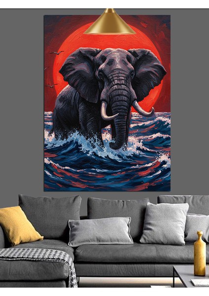 Denizdeki Fil ve Kırmızı Dolunay Dekoratif Kanvas - Mdf Ahşap Tablo modelleri