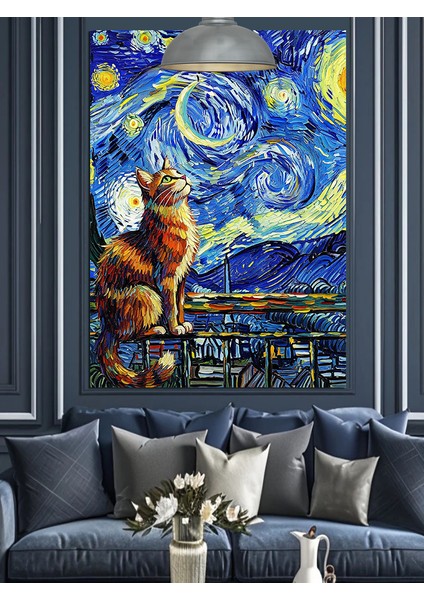 Van Gogh Temalı Manzara ve Kedi Dekoratif Kanvas - Mdf Ahşap Tablo