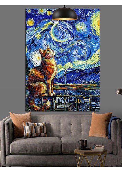 Van Gogh Temalı Manzara ve Kedi Dekoratif Kanvas - Mdf Ahşap Tablo fiyatları