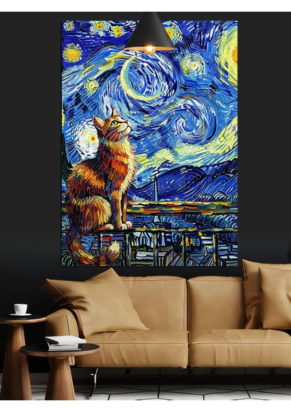 Van Gogh Temalı Manzara ve Kedi Dekoratif Kanvas - Mdf Ahşap Tablo fırsatları