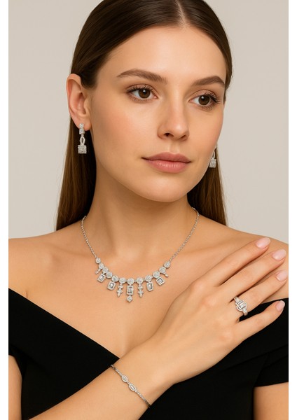 925 Ayar Gümüş Su Yolu Baget Model Ithal Zirkon Taşlı Kolye, Bileklik, Küpe, Yüzük Düğün Takı Seti