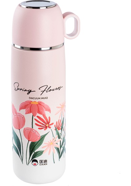 Okadı Pembe Desenli Bardaklı Paslanmaz Çelik Termos 400ML